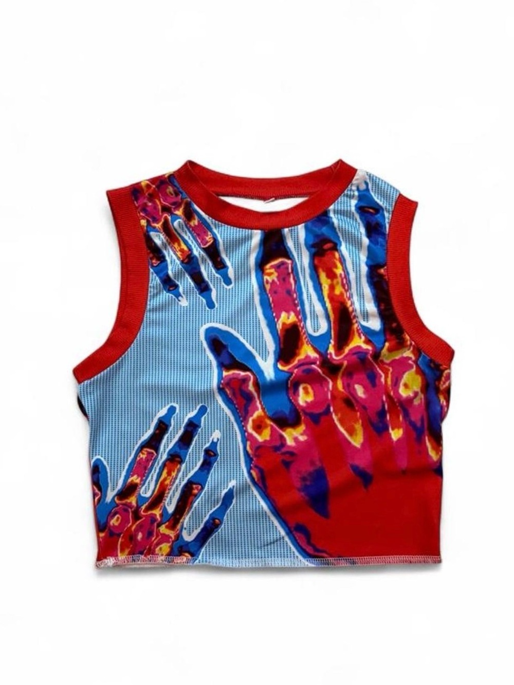 Red & Blue Hand Graphic Tank Crop Top